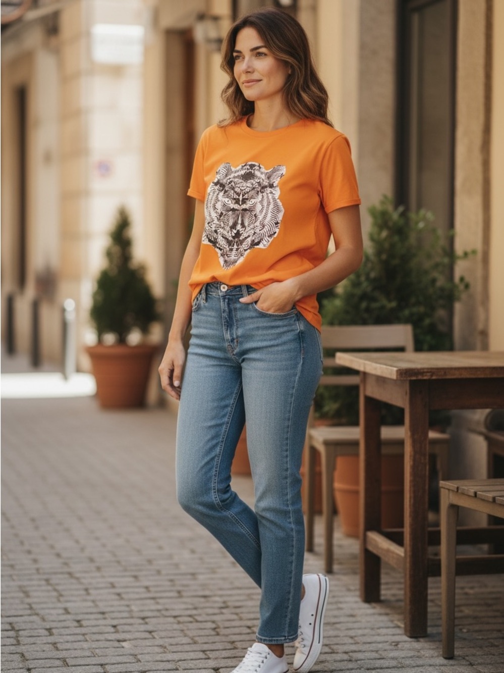 Women’s Orange Short-Sleeve Tee with Graphic Tiger Print